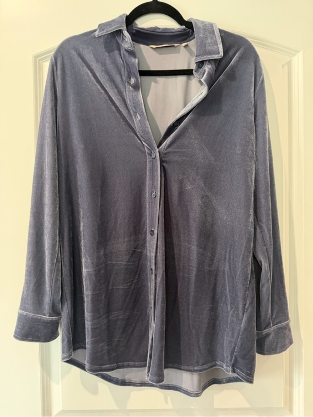 Soft Surroundings- Velour Boyfriend Button-Up Shirt in Dusty Blue